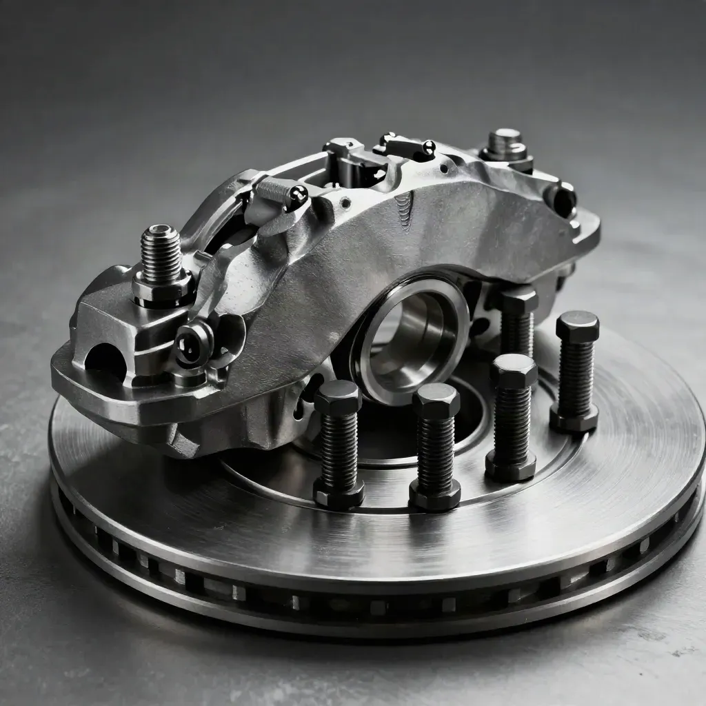 Brake caliper half, bearing race and hex bolts on brushed steel in dramatic studio light.