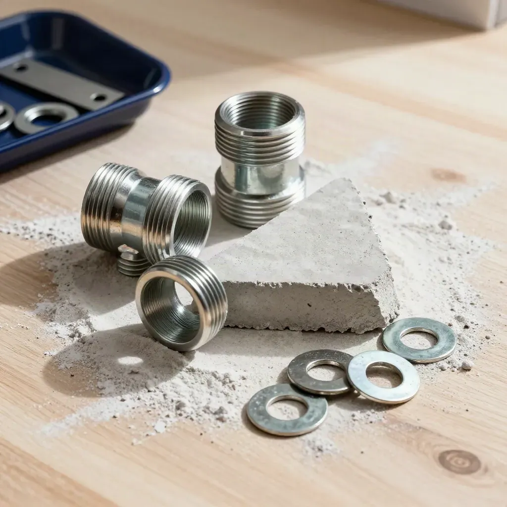 Overhead triangle of pipe couplings, concrete core and steel washers on pale wood.