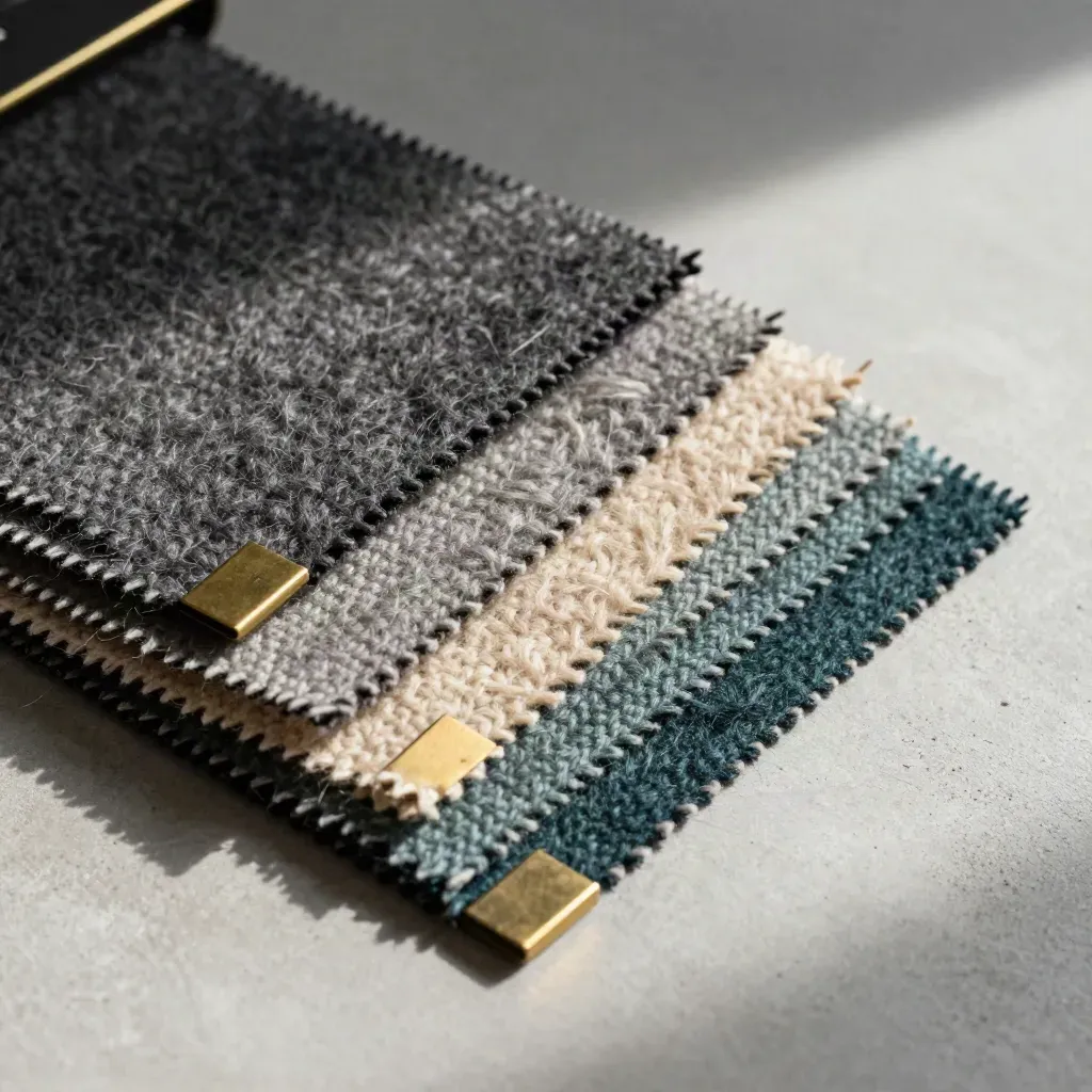 Wool swatches and a brass clip on pale concrete under warm skimming light.
