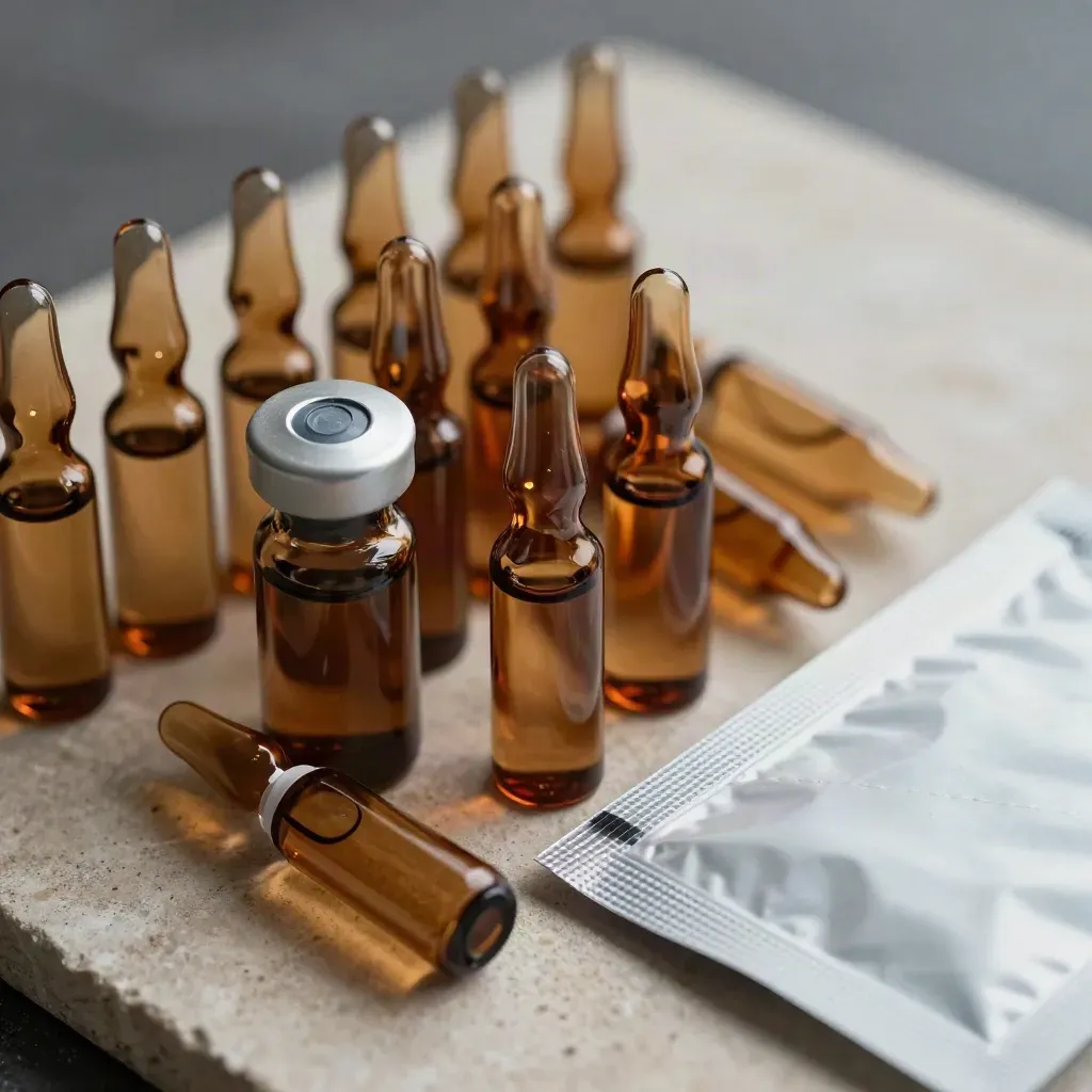 Top-down macro of sterile lab ampoules, vial cap and pouch on pale stone.