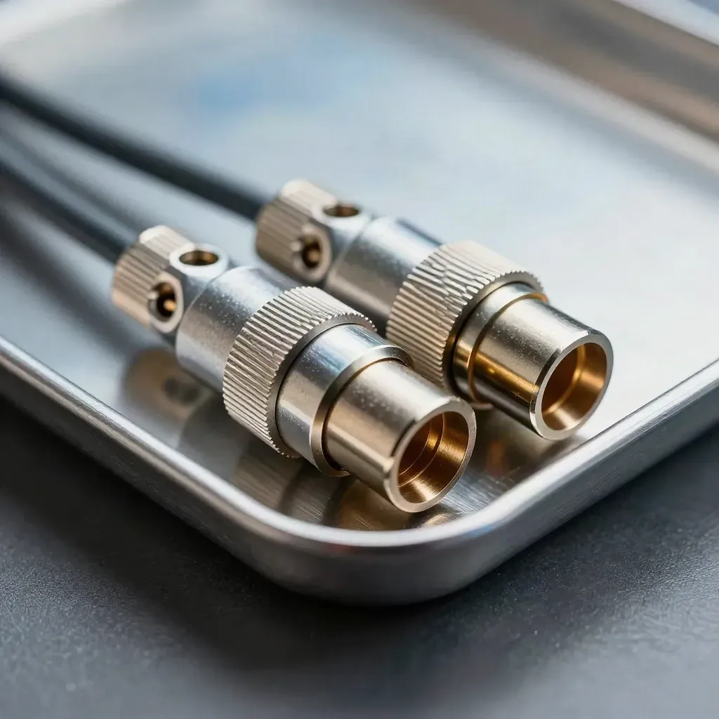 Macro cluster of cable connectors and braided wire ends on a brushed steel tray.
