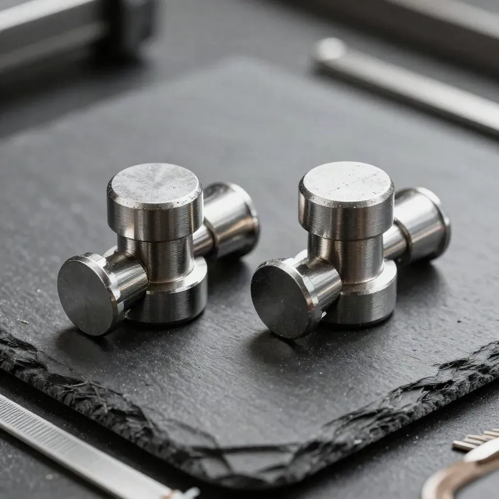 Two brushed steel cargo seals beside a tiny strip of strapping on dark slate.
