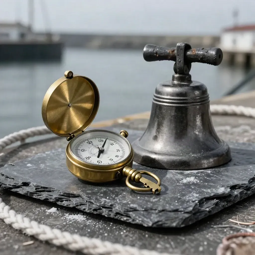 Brass marine chronometer, dock bell and cleat on a slate harbor plinth in mist