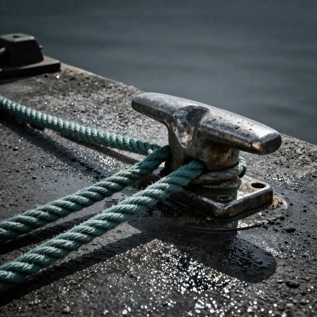 Mooring shackle, steel cleat, and braided line on wet dark concrete, lit dramatically.