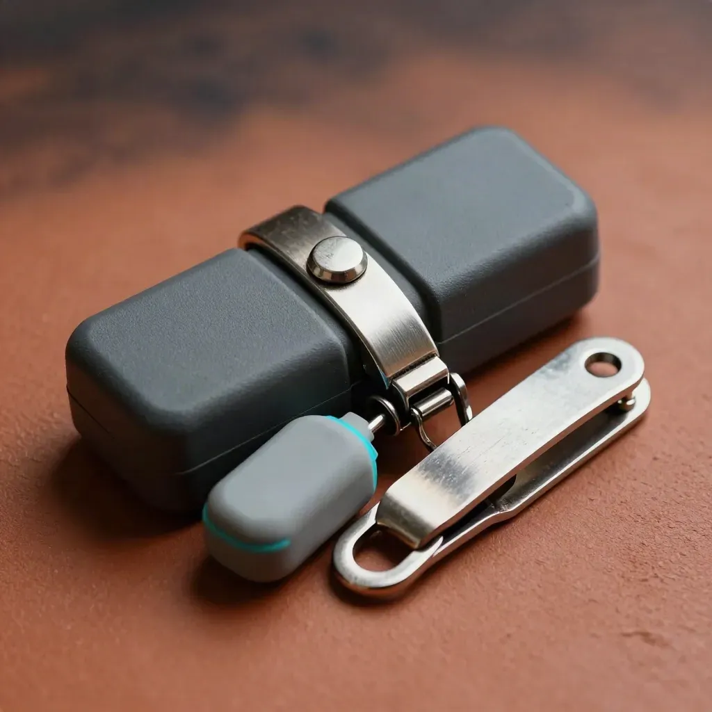RFID cargo seal, GPS tracker puck and stainless clip on terracotta clay.