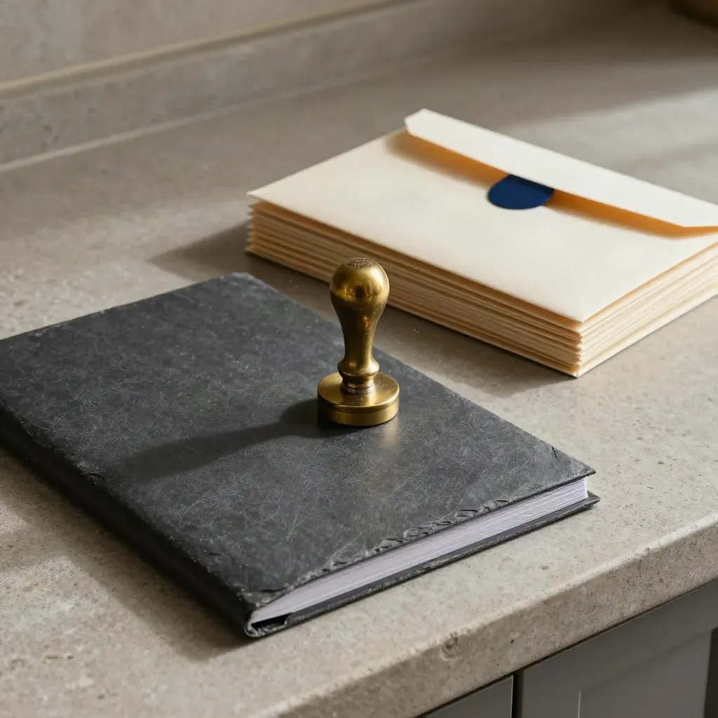 Brass booking stamp beside a closed docket folder and clipped envelope stack on stone, with paper dust