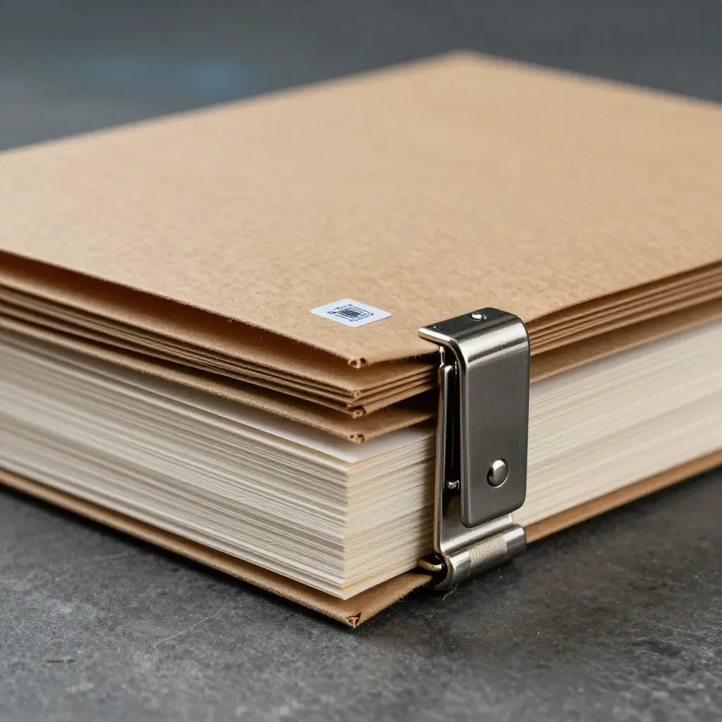 Macro of a clasped customs file bundle with layered kraft folders and seal.