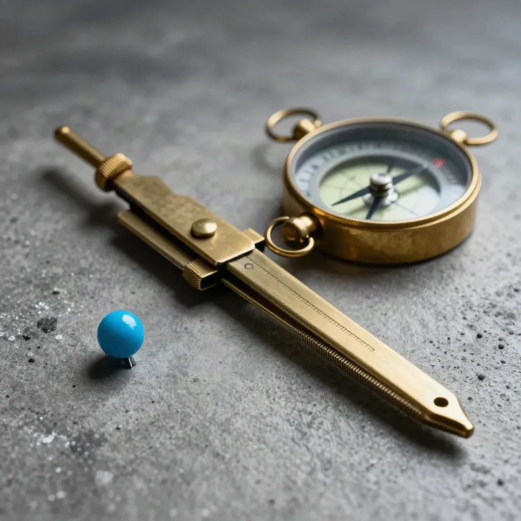 Brass marine dividers, a compact compass and a sea-blue port pin on concrete in dramatic light.