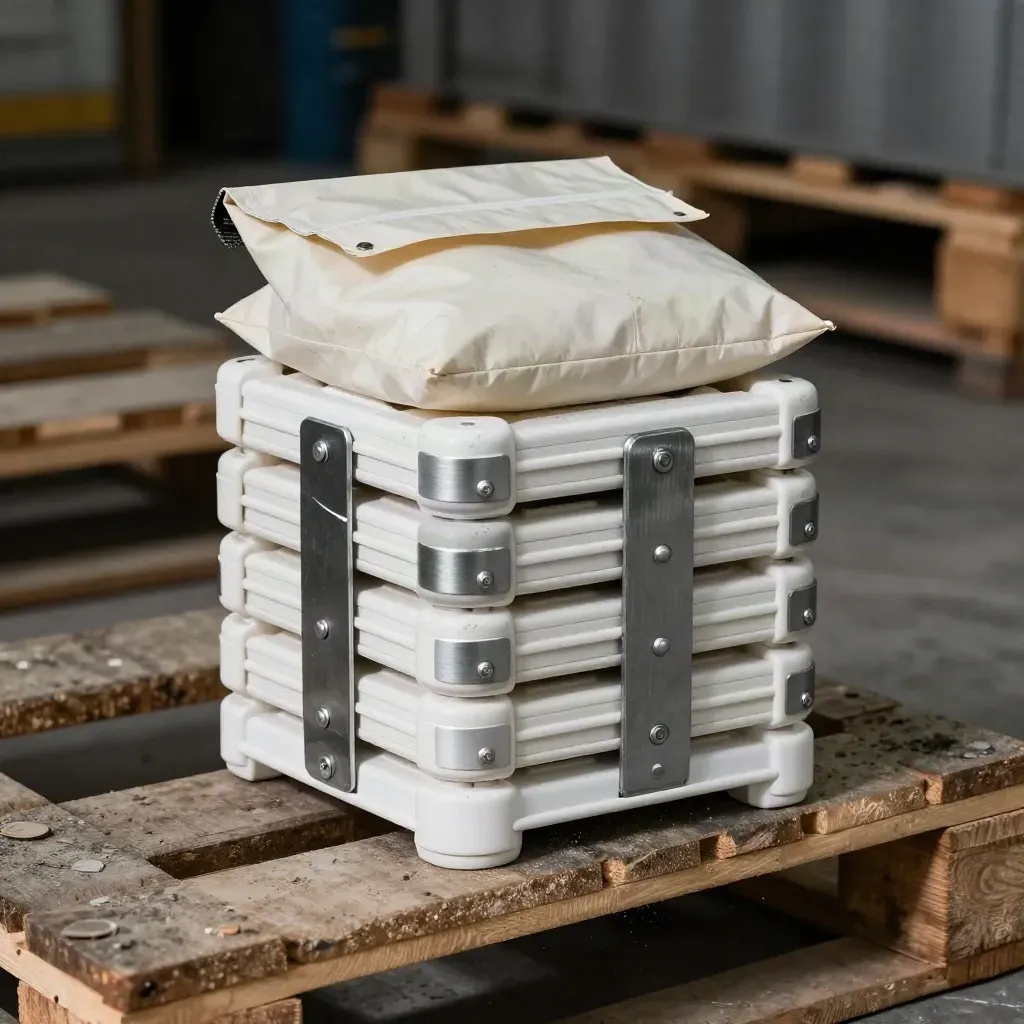 Pallet slat frames container seals, corner protectors, and a sealed dispatch pouch in a warehouse close-up.