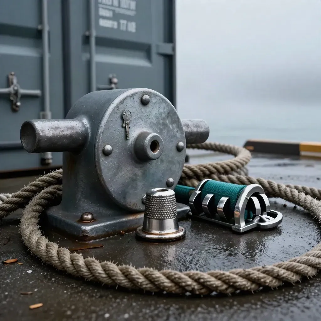 Harbour rope, seal and ratchet buckle on a misty dock, shot through a foreground rope loop.
