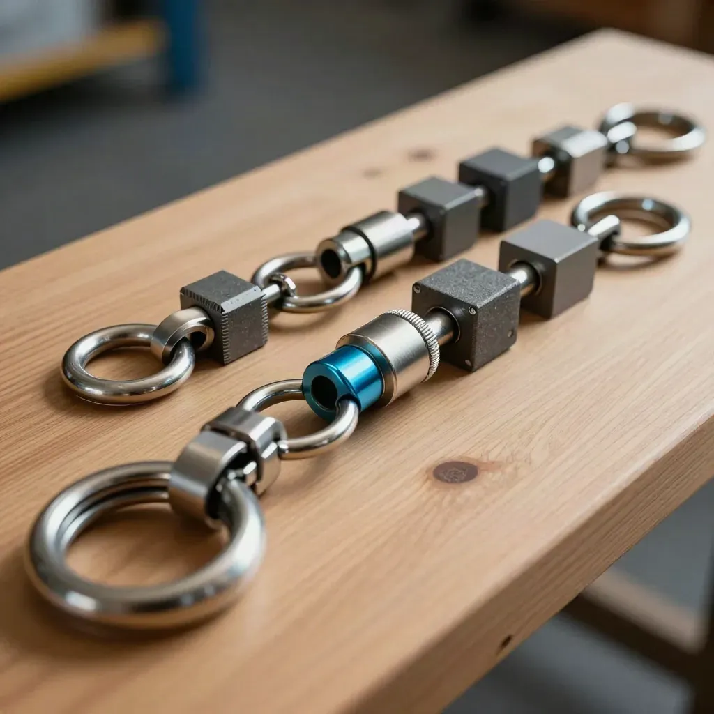 Freight rings, connectors, and graphite blocks on oak, seen through a blurred ring in metallic haze.