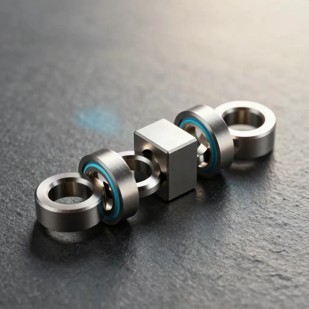 Interlocking metal couplers and rings on dark stone, shot from directly above