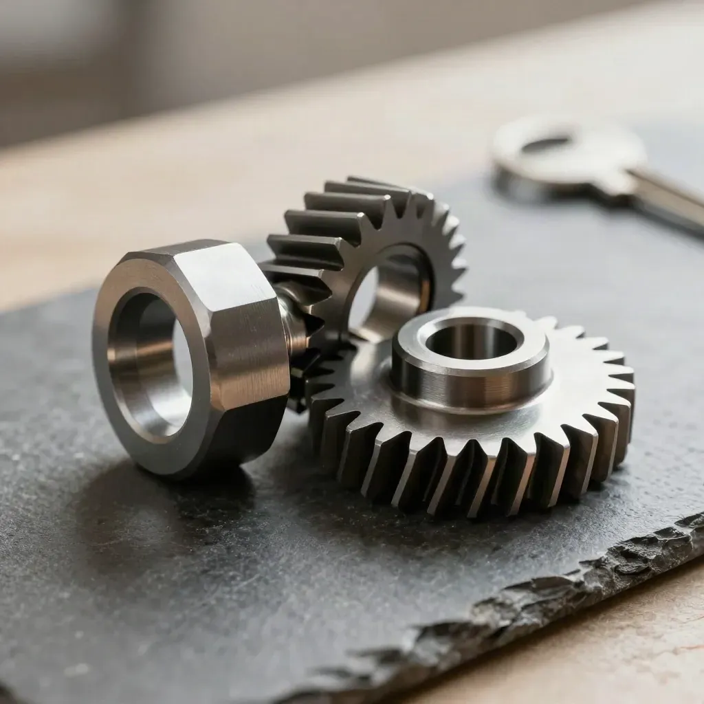 Stacked metal gears and spacers merging on a stone slab under dramatic light.