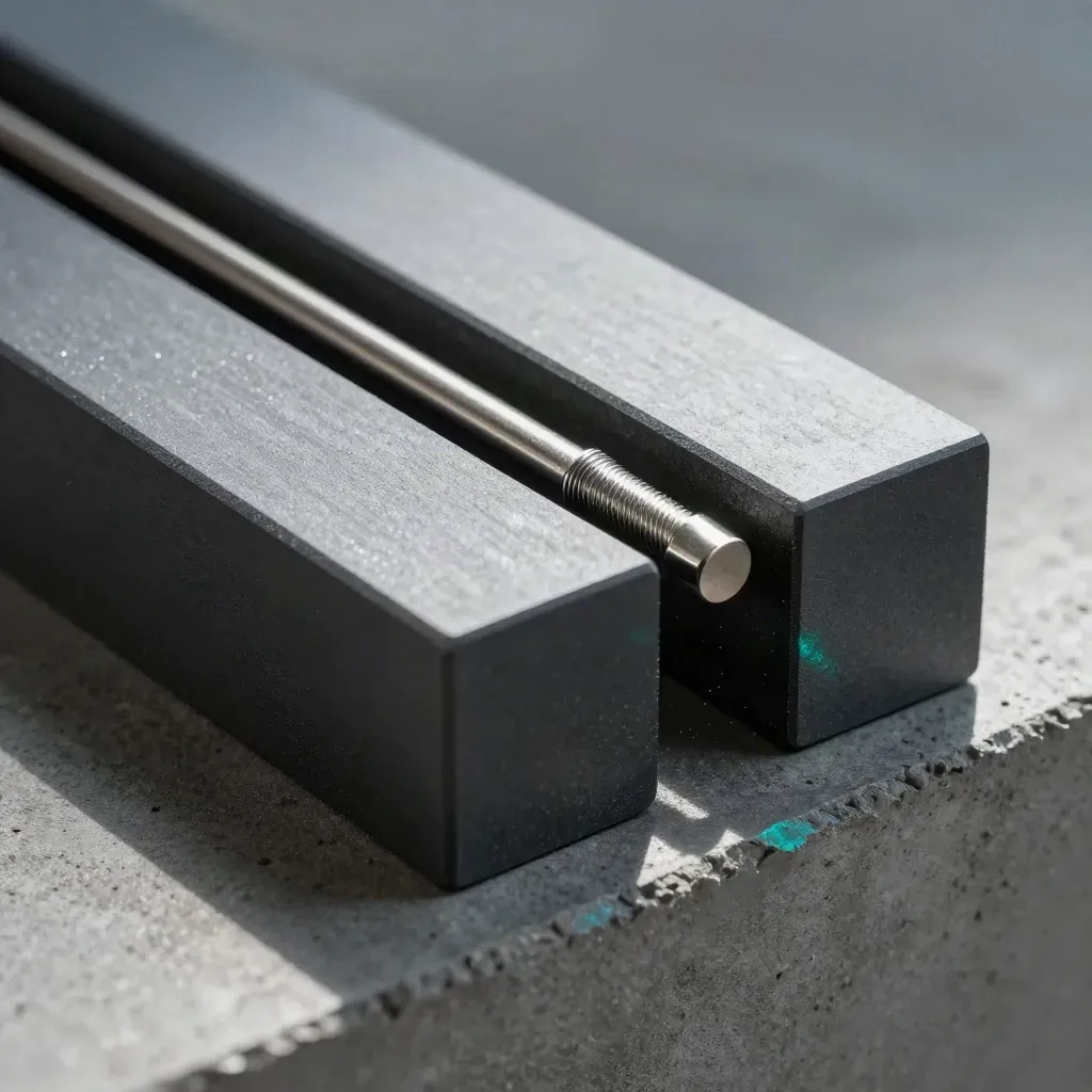 Graphite modular blocks and a steel connector snapping together on concrete