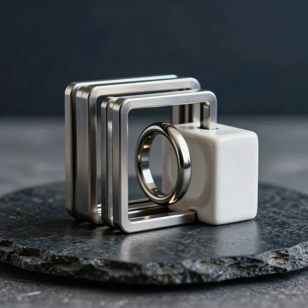 Aluminium frames, linking ring and ceramic block on stone with soft light and dark bokeh.
