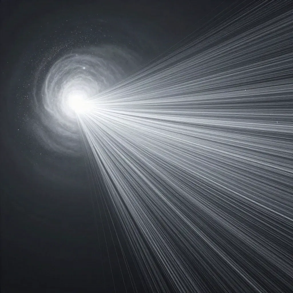 Silver filaments converge into a white bloom in dark graphite haze.